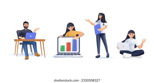 Ilustración vectorial 3D conjunto de personas aisladas con computadoras en el lugar de trabajo de videoconferencia virtual llamada y reunión. Diversos hombres y mujeres con laptops en el trabajo remoto en la comunicación de negocios en línea