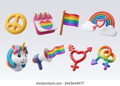 3D vector illustration set of LGBTQ+ themed icons including rainbow flags, gender symbols, unicorn, and peace sign representing pride, love, and inclusion.