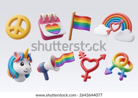 3D vector illustration set of LGBTQ+ themed icons including rainbow flags, gender symbols, unicorn, and peace sign representing pride, love, and inclusion.