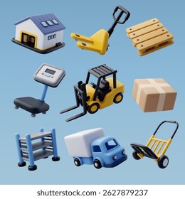 3D vector illustration set of logistics and warehouse elements including forklift, pallet, scale, truck, and package icons on blue background.