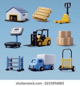 3D vector illustration set of logistics and warehouse elements including forklift, pallet, scale, truck, and package icons on blue background.