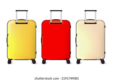 3D-Vektorgrafik-Set von Gepäck-Koffer-Reisetaschen. Reisegepäck-Gehäuse auf Rädern mit Griffen, realistische Urlaubsbeuteln. Flughafen-Briefkasten, Plastikreisekosten.