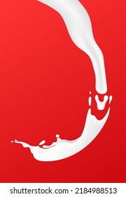 3D vector illustration set, milk splash and pour, realistic natural dairy products, yogurt or cream splatter drops, isolated on red background. Print, template, design element