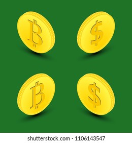 3D vector illustration. A set of realistic gold coins with shadows on the isolated green background.