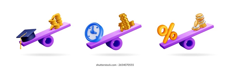 Conjunto de escalas de Ilustración vectorial 3D que equilibran el dinero con la educación, el tiempo y el porcentaje. Inversión para el futuro.