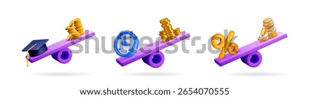 3d vector illustration set of scales balancing money with education, time, and percentage. Investment for future.