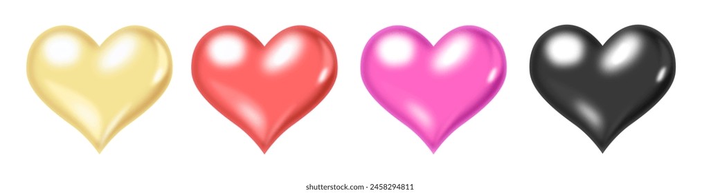 Ilustración vectorial 3D de un conjunto de iconos de corazón brillantes en tonos dorados, rojos, rosas y negros.