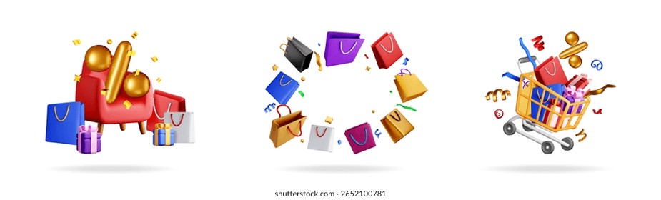 3D-Vektorgrafik-Set von Einkaufstaschen, Geschenkboxen, Einkaufswagen und Prozentzeichen. E-Commerce-Konzept zum Verkauf.