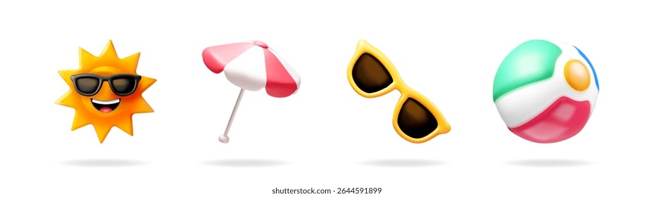 3D vector illustration set of summer vacation items including a smiling sun with sunglasses, beach umbrella, shades, and beach ball for holiday concept.
