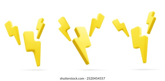 Vetor 3d ilustração conjunto de símbolo de carregador amarelo com rotação. Trovão de sinal amarelo. Símbolo de energia, perigo. Descarga elétrica minimalista.