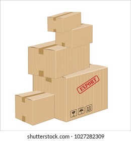 3d vector illustration of several closed cardboard with adhesive stacked on top of each other, with on the front of a box several packaging symbols and a stamp of the word EXPORT.