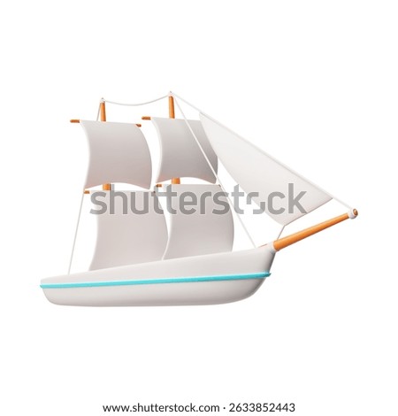 3D vector illustration of a ship with white sails and mast. Nautical vessel. Water transport. Adventure and exploration concept. Icon. Cartoon style. Isolated background. Rendering.