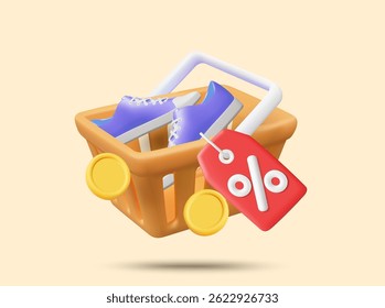 3D vector illustration of shopping basket icon with sneakers, discount sign next to cart and gold coin. Online fashion shopping concept, discount promotion and e-commerce privilege.