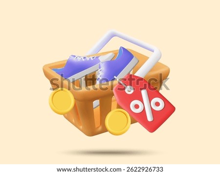 3D vector illustration of shopping basket icon with sneakers, discount sign next to cart and gold coin. Online fashion shopping concept, discount promotion and e-commerce privilege.