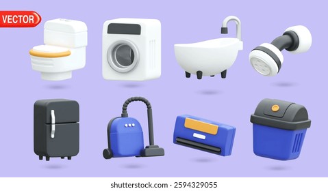 3D vector illustration showcases essential home appliances, including a toilet, washing machine, bathtub, refrigerator, vacuum, and trash can. Perfect for home improvement and household design concept