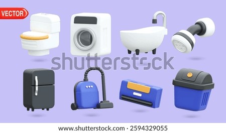 3D vector illustration showcases essential home appliances, including a toilet, washing machine, bathtub, refrigerator, vacuum, and trash can. Perfect for home improvement and household design concept