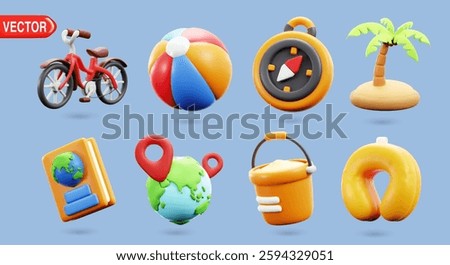 3D vector illustration showcases fun summer and travel-themed icons, including a bicycle, beach ball, palm tree, compass, globe, and inflatable ring. Ideal for vacation and adventure concepts