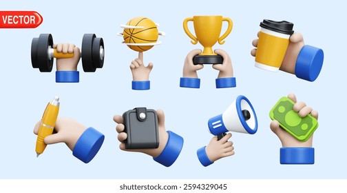 3D vector illustration showcases hands holding various objects such as a dumbbell, trophy, coffee cup, pen, and mobile phone. Ideal for concepts related to fitness, business, success, and daily activi