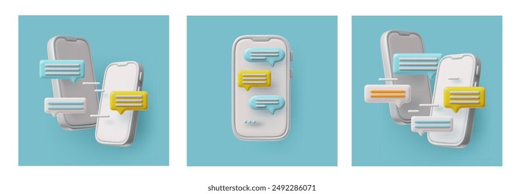 3D vector illustration showcases a series of vibrant and colorful speech bubble icons in shades of blue, yellow, and white emerging from smartphones in various orientations