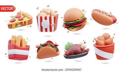 3D vector illustration showcases a variety of fun and colorful food icons including pizza, hotdog, hamburger, fries, tacos, and soda. Perfect for food-related concepts and fast food themes