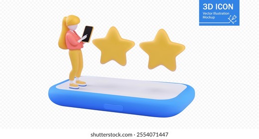 A 3D vector illustration showcasing a smartphone with a user holding a device and two golden stars floating above, symbolizing ratings and feedback. Perfect for app reviews and user experience concept