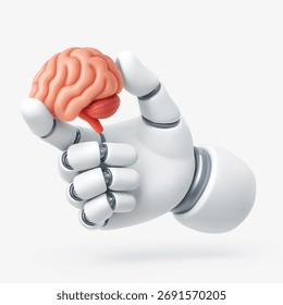 Ilustração em vetor 3D mostrando uma mão robótica segurando um cérebro humano, representando inteligência artificial, aprendizagem de máquina, tecnologia e inovação cognitiva.