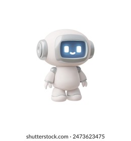 A 3D vector illustration of a single chatbot icon, styled as an endearing robot with a broad digital smile and blue eyes. This charming chatbot icon is designed in soft white tones