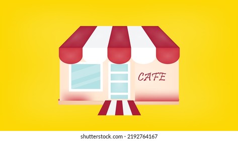 3d Vector illustration of small business store or cafe, shop, retail outlet, local business. Small store isolated  on yellow background.