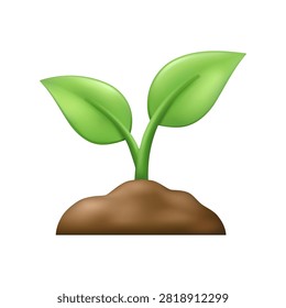 3D vector illustration of a small green sprout with leaves growing from soil, isolated on white background. Concept of growth, nature, ecology, agriculture, and new beginnings.