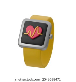 3D vector illustration of smart fitness watch with heart icon and pulse line on the screen, featuring yellow strap. Perfect for health, fitness, technology, and wearable tech projects