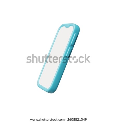 3d vector illustration of smartphone with blue frame and blank screen. Template for mobile applications, advertising and digital interfaces. Side view icon. Cartoon style. Isolated background.