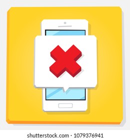3d vector illustration of smartphone. Isometric flat design. Mobile phone window with notification about failure or error. Red cross mark.