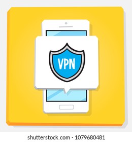 
3d vector illustration of smartphone. Isometric flat design. Mobile phone window with notification about activated protection. VPN or proxy technologies. Blue shield.