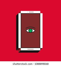 3d vector illustration of smartphone. Isometric flat design. Mobile phone screen with eye icon on red background. Concept of all seeing eye of big brother, global digital surveillance, cyber security.