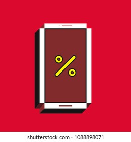 3d vector illustration of smartphone. Isometric flat design. Mobile phone screen with percent icon on red background. Concept of season sale or advertising.
