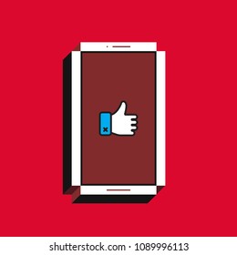 3d vector illustration of smartphone. Isometric flat design. Mobile phone screen with thumb up icon on red background. Concept of new like notification, user feedback or customer recommendation.
