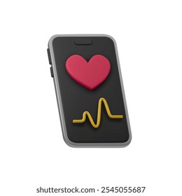 Ilustración vectorial 3D de una pantalla de smartphone que muestra el ícono del corazón y una línea de ECG, que representa el monitoreo de la salud y el seguimiento de la aptitud. Ideal para diseños médicos, de fitness o de tecnología de la salud