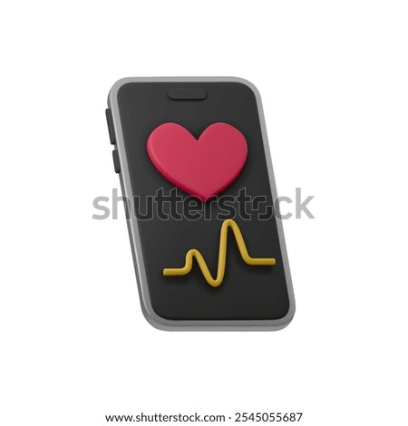 3D vector illustration of a smartphone screen displaying heart icon and an ECG line, representing health monitoring and fitness tracking. Ideal for medical, fitness, or health tech designs