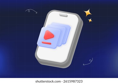 3D vector illustration smartphone with video ad icons, promoting mobile advertising, in-app video ads, and digital marketing visuals