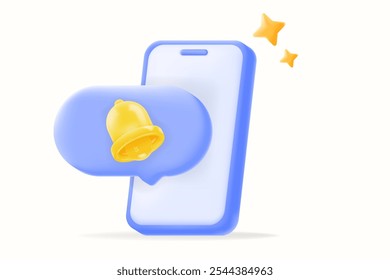 3D vector illustration, smartphone with a yellow notification bell and chat bubble. app notifications, messaging, reminders, or mobile communication concepts