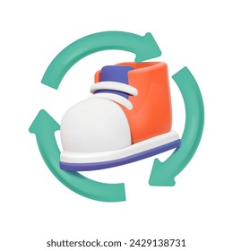 Ilustración vectorial 3D de zapatillas con flechas de reciclaje. Icono para la reventa de zapatos y ropa usada. Concepto de consumo consciente.