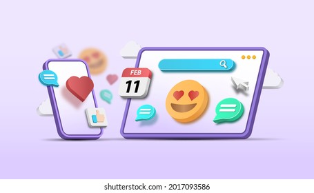 3d vector illustration social media platform, online social communication applications concept, emoji, webpage, search icons, chat with smartphone. 