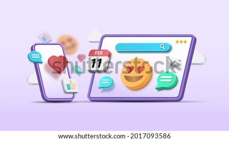 3d vector illustration social media platform, online social communication applications concept, emoji, webpage, search icons, chat with smartphone. 