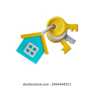 A 3D vector illustration of a stylized blue house icon secured by oversized yellow keys, emphasizing concepts of home security or ownership