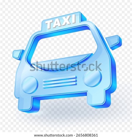 3D vector illustration of a stylized, futuristic blue glass taxi icon or ride-sharing vehicle icon, isolated on a transparent background. Ideal for modern apps, websites, transport concepts.