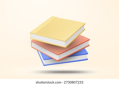 3D-Vektorgrafik von drei bunten Büchern Stapel. Konzept für Schulbibliothek und Lesekompetenz. Vorlage für akademischen Hintergrund.