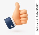 3D vector illustration of a thumbs up hand in a business suit, symbolizing business success, approval, social media marketing, and advertising impact.