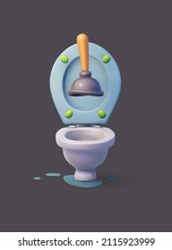  3d vector illustration of toilet bowl with plunger. Stylized cartoon style.