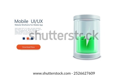 3D vector illustration of a transparent glass battery with a green energy charge and a lightning bolt symbol, representing renewable energy, sustainability, and battery technology advancements
