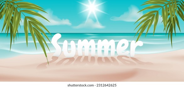 3D vector illustration of a tropical beach with palm trees, blue ocean, and sandy shore. Perfect for summer designs, posters, and flyers for travel and vacation. Realistic and detailed scene waves